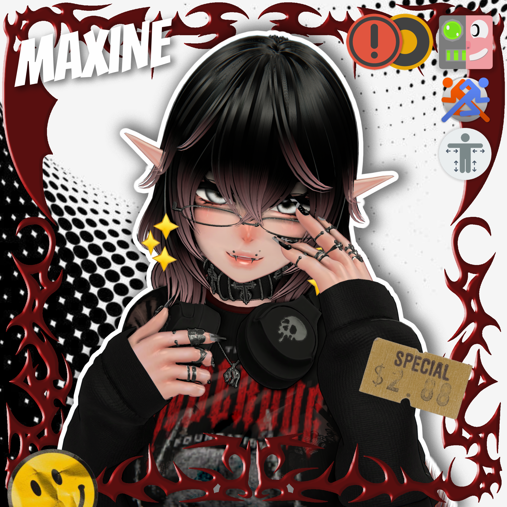 Illustrated character with black hair and glasses, wearing a black hoodie with red text, against a decorative background with symbols and text.