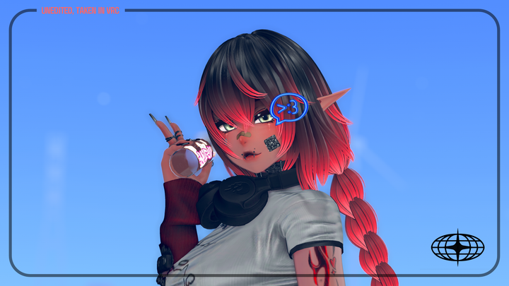 Animated character with red hair and black clothing against a blue background