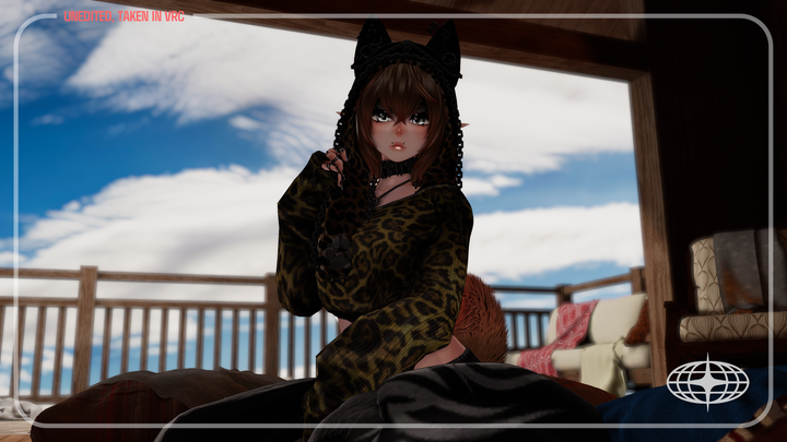 Character in leopard print outfit with cat ears on a balcony with blue sky and clouds.